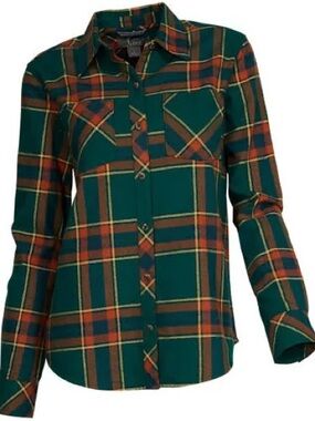 Natural Reflections Green Orange Plaid Cotton Flannel Button Up Shirt